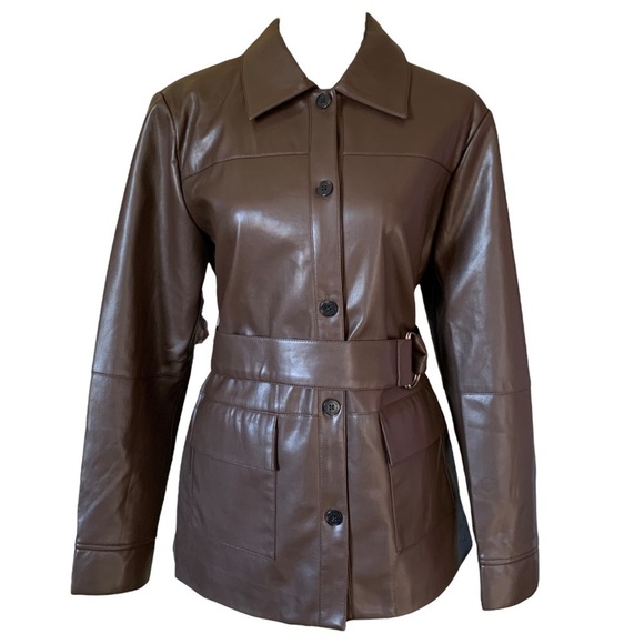 nwt Elie Tahari Faux Leather Jacket Belted Button Down Coat Brown Size Medium - Picture 14 of 16